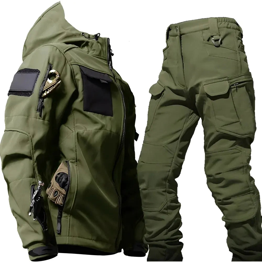 Men's Rugged Tactical Outdoor Hooded Jacket and Multi-Pocket Pants Set