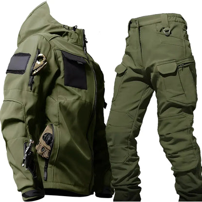 Men's Rugged Tactical Outdoor Hooded Jacket and Multi-Pocket Pants Set