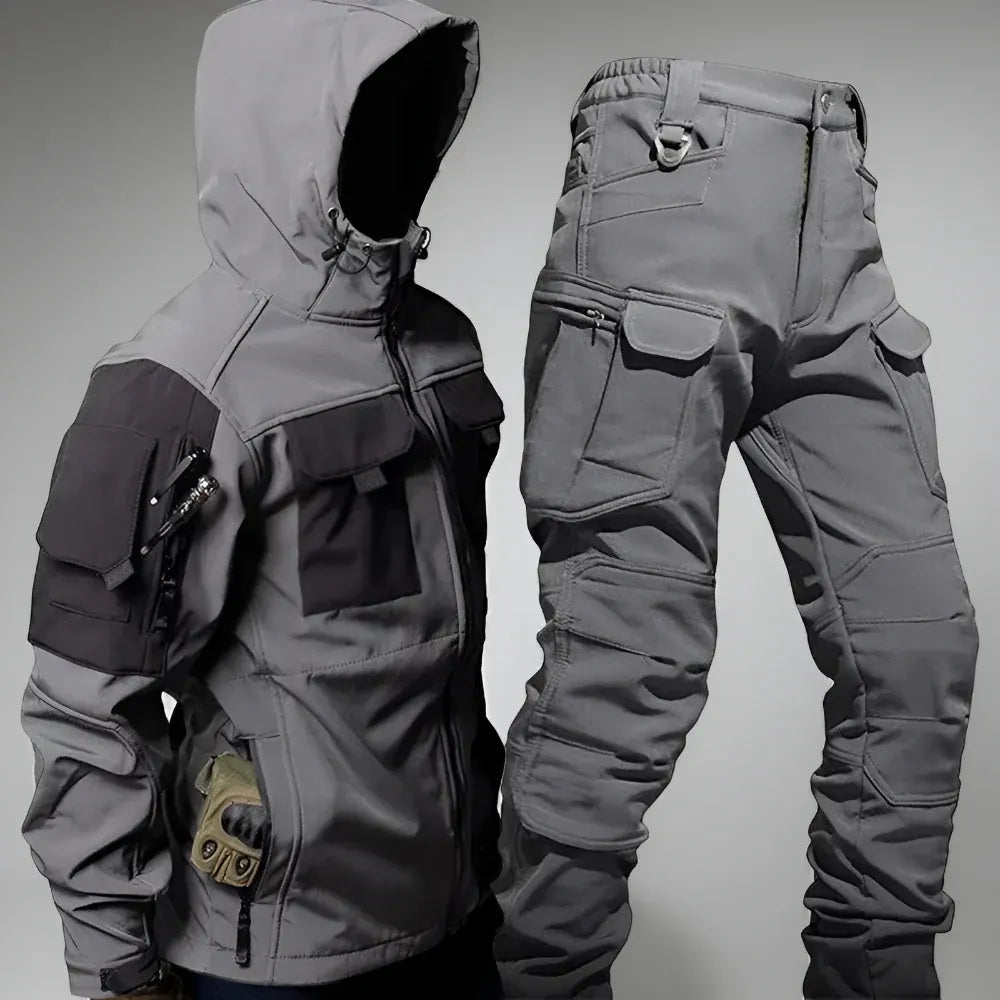 Men's Rugged Tactical Outdoor Hooded Jacket and Multi-Pocket Pants Set