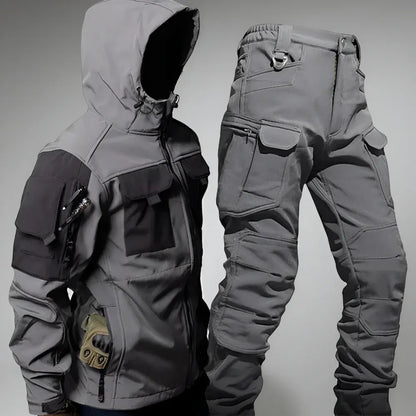 Men's Rugged Tactical Outdoor Hooded Jacket and Multi-Pocket Pants Set