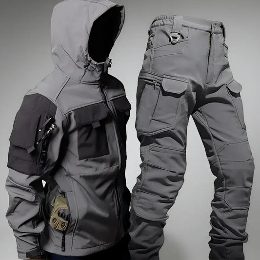 Men's Rugged Tactical Outdoor Hooded Jacket and Multi-Pocket Pants Set