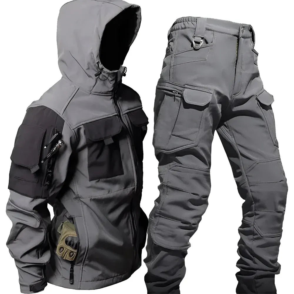 Men's Rugged Tactical Outdoor Hooded Jacket and Multi-Pocket Pants Set