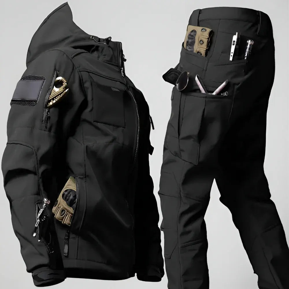 Men's Rugged Tactical Outdoor Hooded Jacket and Multi-Pocket Pants Set