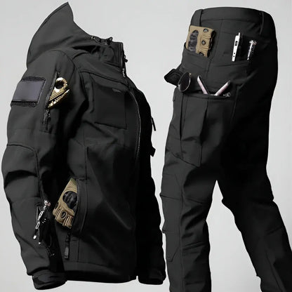 Men's Rugged Tactical Outdoor Hooded Jacket and Multi-Pocket Pants Set