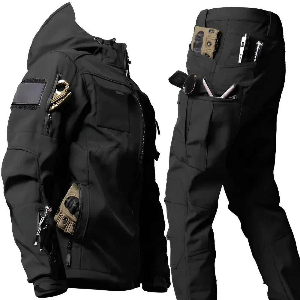 Men's Rugged Tactical Outdoor Hooded Jacket and Multi-Pocket Pants Set