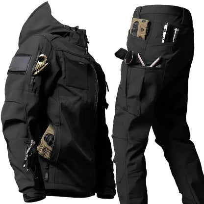 Men's Rugged Tactical Outdoor Hooded Jacket and Multi-Pocket Pants Set