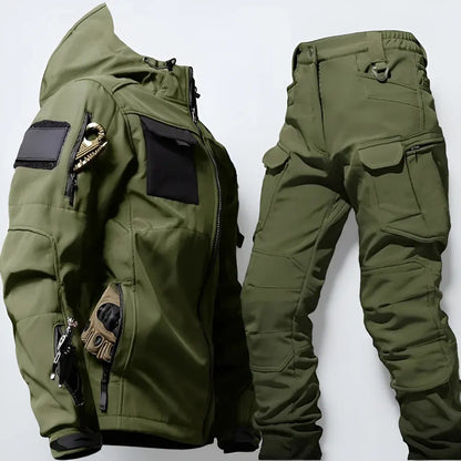Men's Rugged Tactical Outdoor Hooded Jacket and Multi-Pocket Pants Set