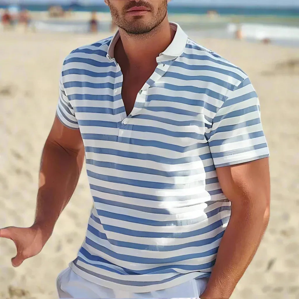Men's Striped Short-Sleeve Polo Shirt Summer Casual Top