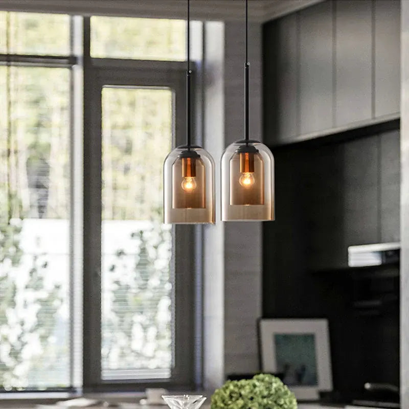 Mid-Century Mica Pendant Light with Double Glass Shade