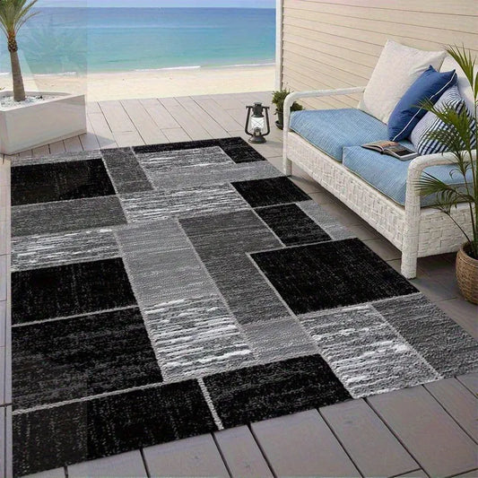 Modern Black & Grey Grid Pattern Outdoor Patio Rug