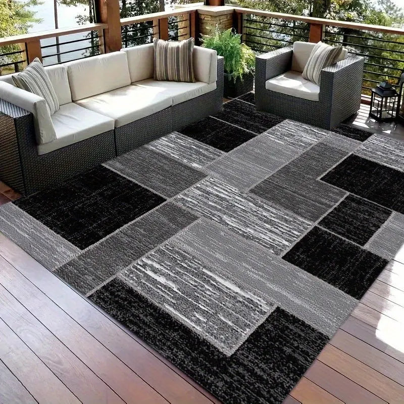 Modern Black & Grey Grid Pattern Outdoor Patio Rug