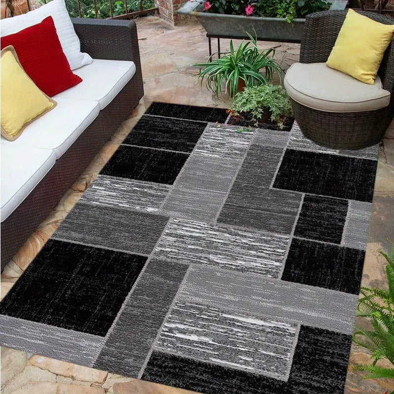 Modern Black & Grey Grid Pattern Outdoor Patio Rug