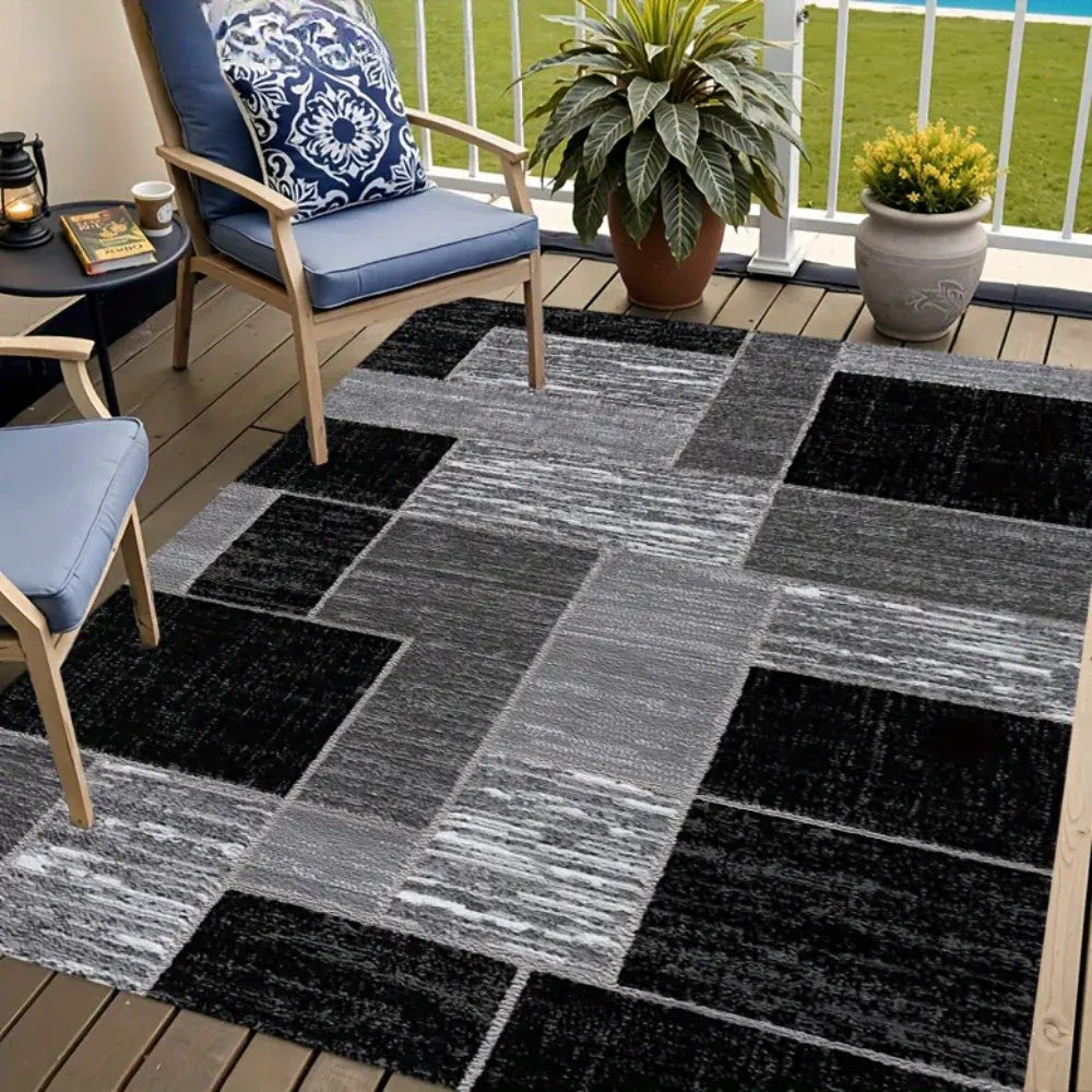 Modern Black & Grey Grid Pattern Outdoor Patio Rug