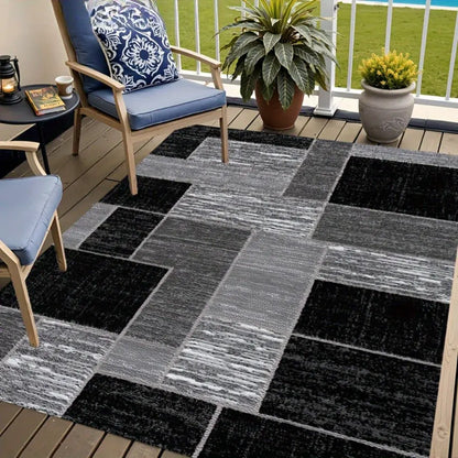 Modern Black & Grey Grid Pattern Outdoor Patio Rug