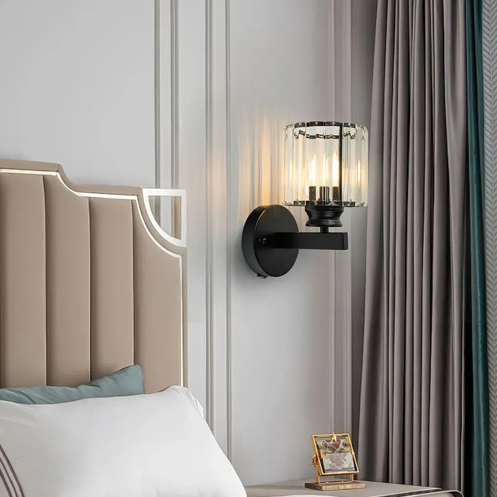 Modern Glass & Iron Crystal Sconce Wall Light Fixture