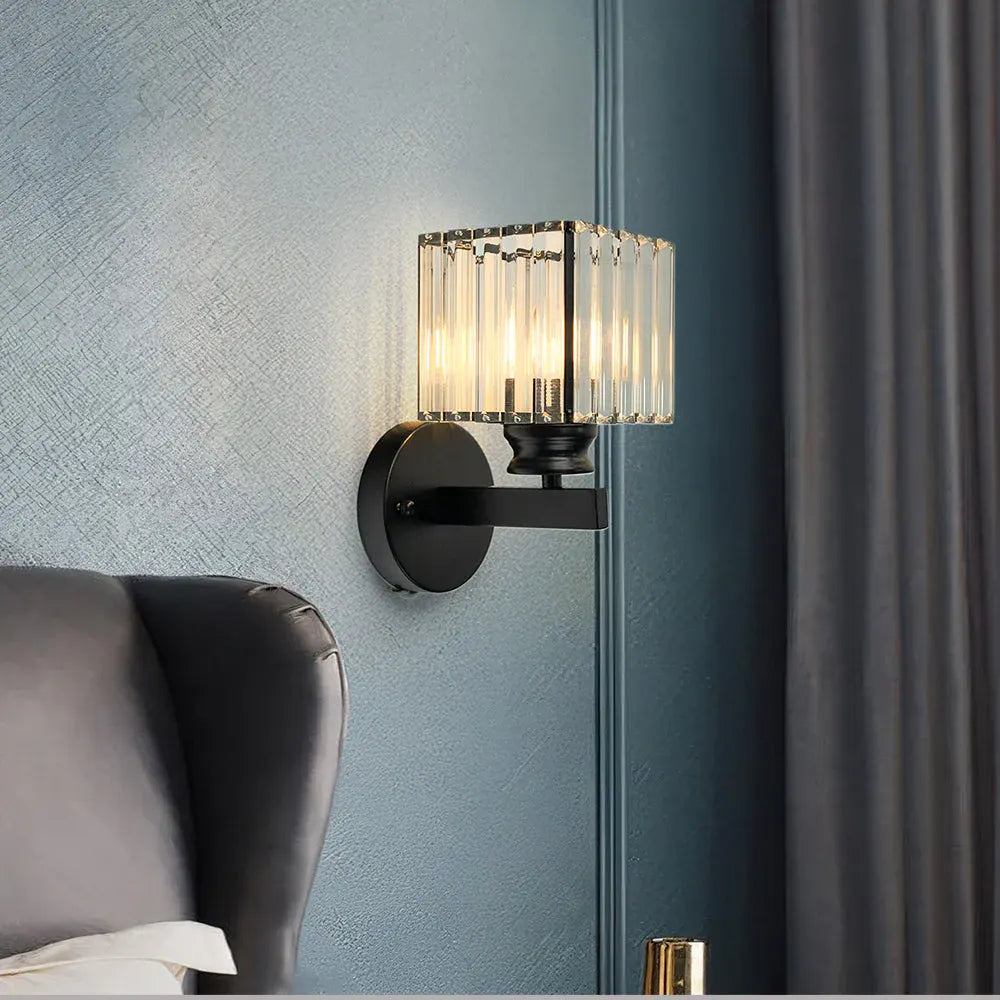 Modern Glass & Iron Crystal Sconce Wall Light Fixture