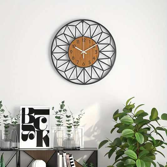 Modern Metal Wall Clock with Wood Grain Center Design