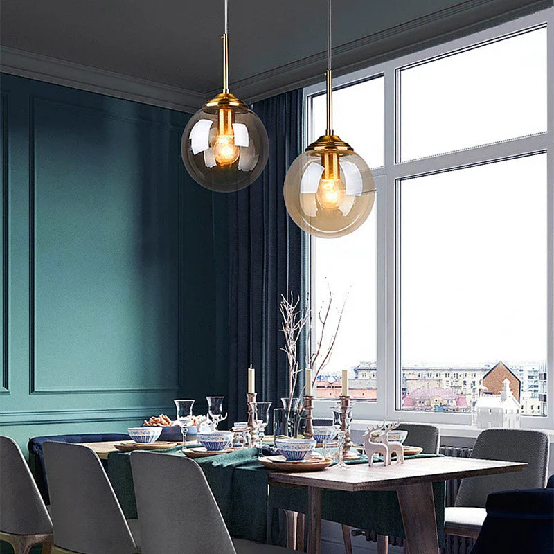 Modern Nordic Glass Globe Pendant Lamp | Amber, Smoke Grey, Clear Finish Options