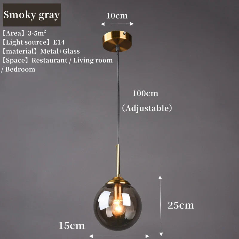 Modern Nordic Glass Globe Pendant Lamp | Amber, Smoke Grey, Clear Finish Options