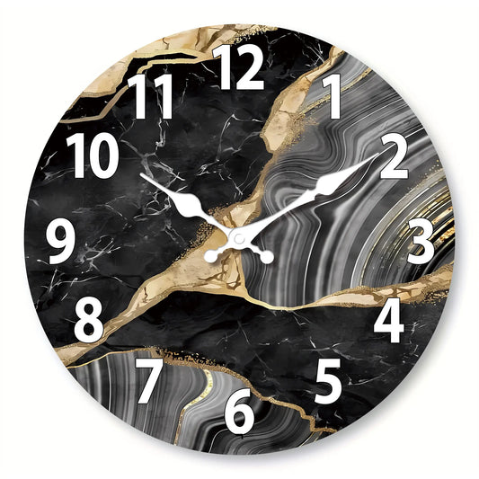 Modern Round Wooden Wall Clock with Silent Marble-Inspired Design