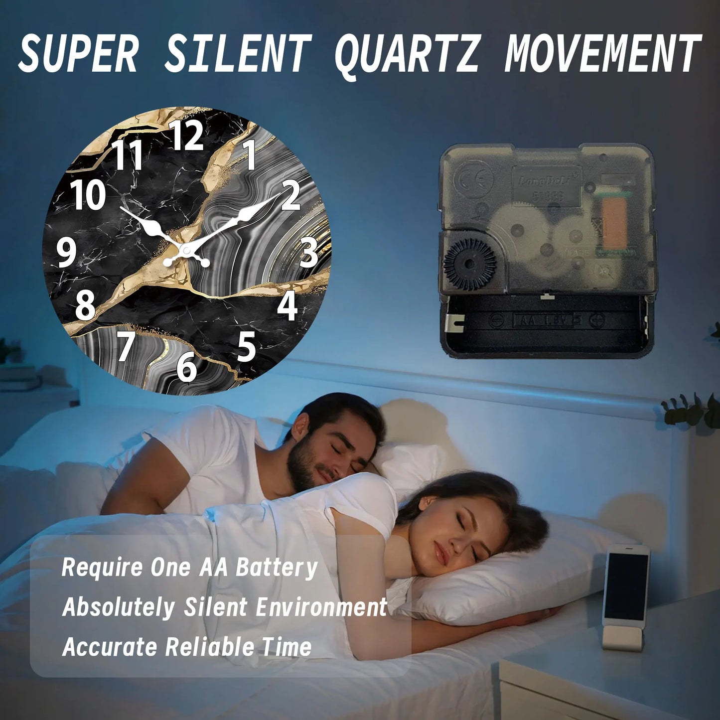 Modern Round Wooden Wall Clock with Silent Marble-Inspired Design