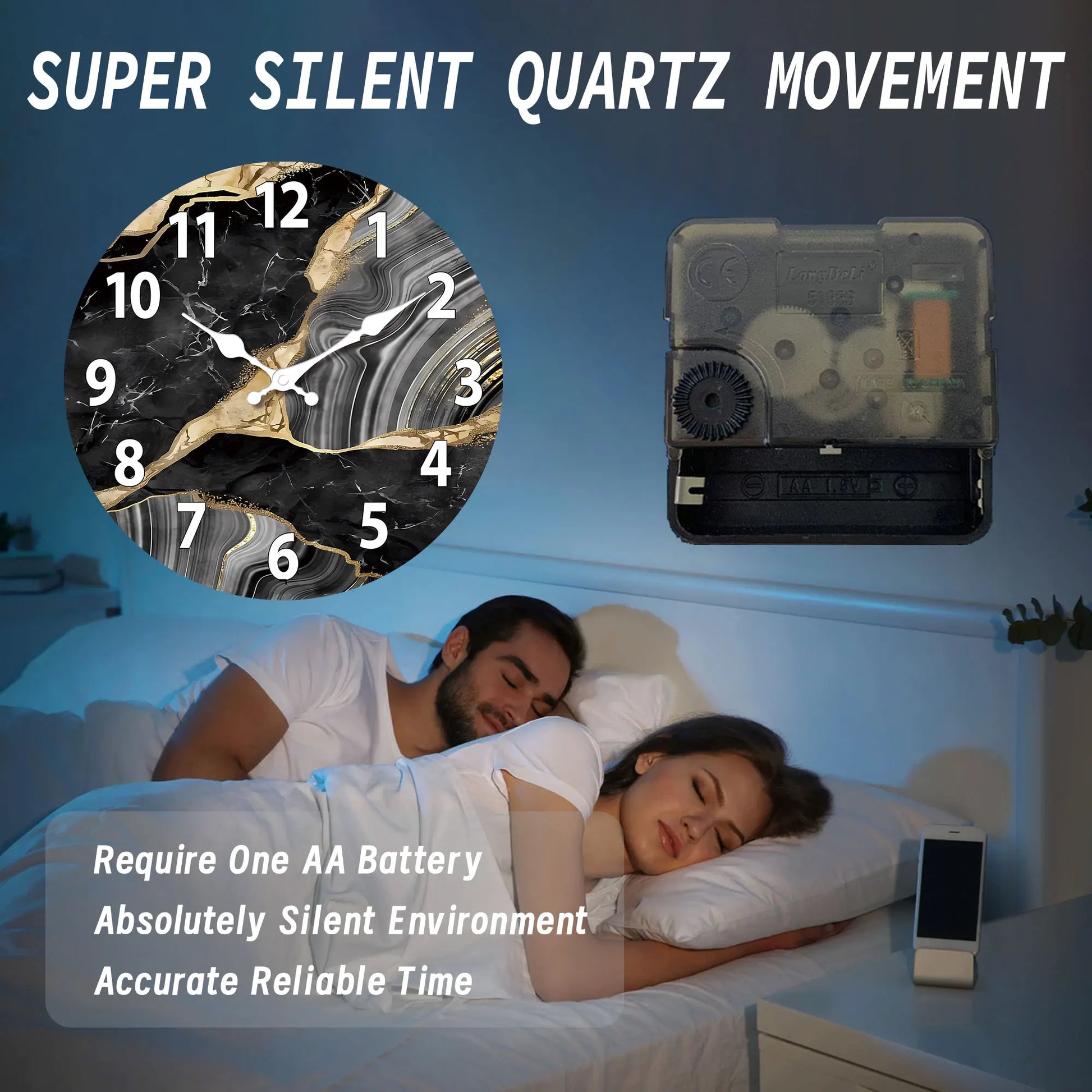Modern Round Wooden Wall Clock with Silent Marble-Inspired Design