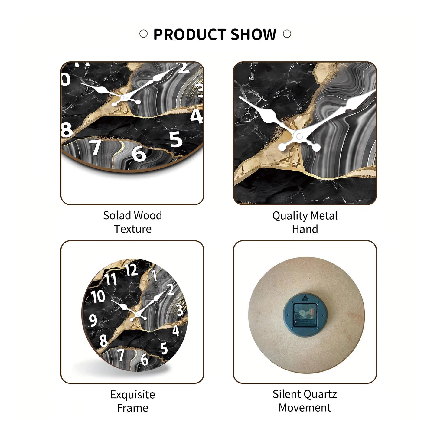 Modern Round Wooden Wall Clock with Silent Marble-Inspired Design
