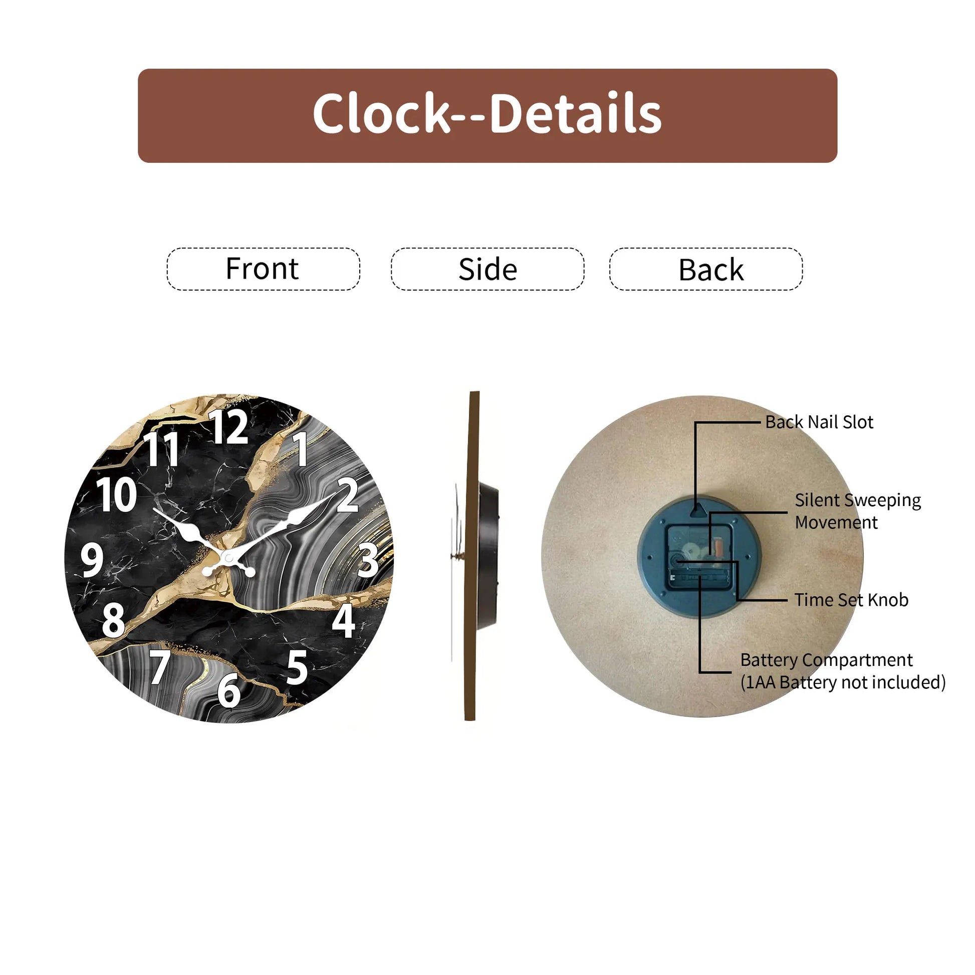 Modern Round Wooden Wall Clock with Silent Marble-Inspired Design