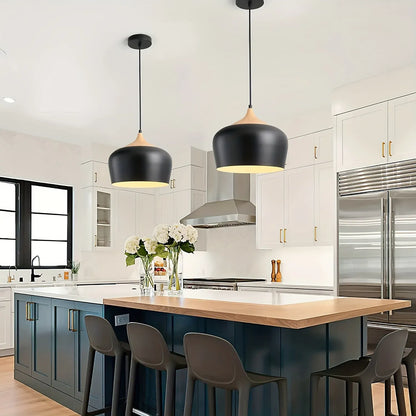 Modern Scandinavian Pendant Light with Iron and Wood Grain Design