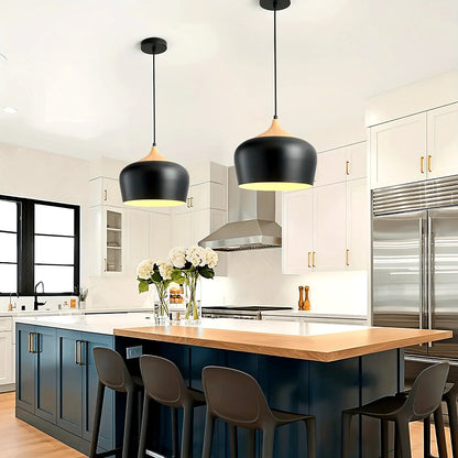 Modern Scandinavian Pendant Light with Iron and Wood Grain Design