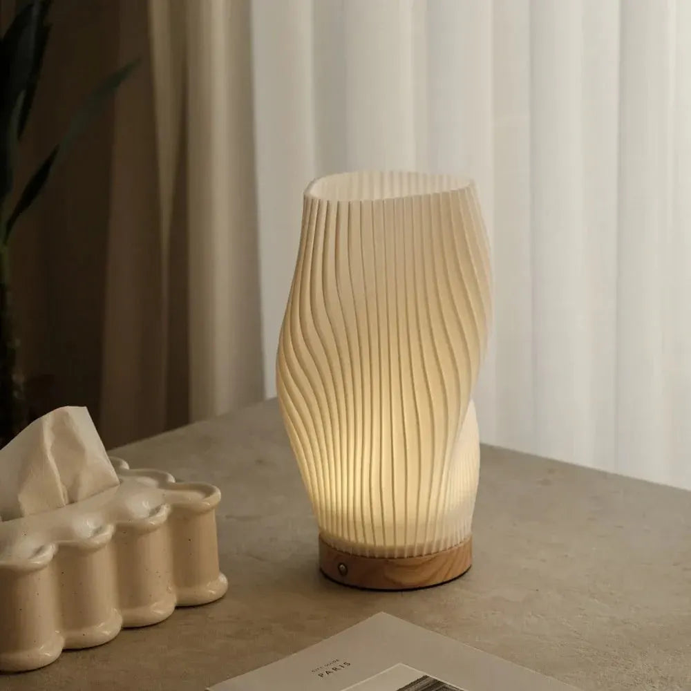 Modern Wave Bedside Lamp with Wood Base, USB Charging, Dimmable LED Light
