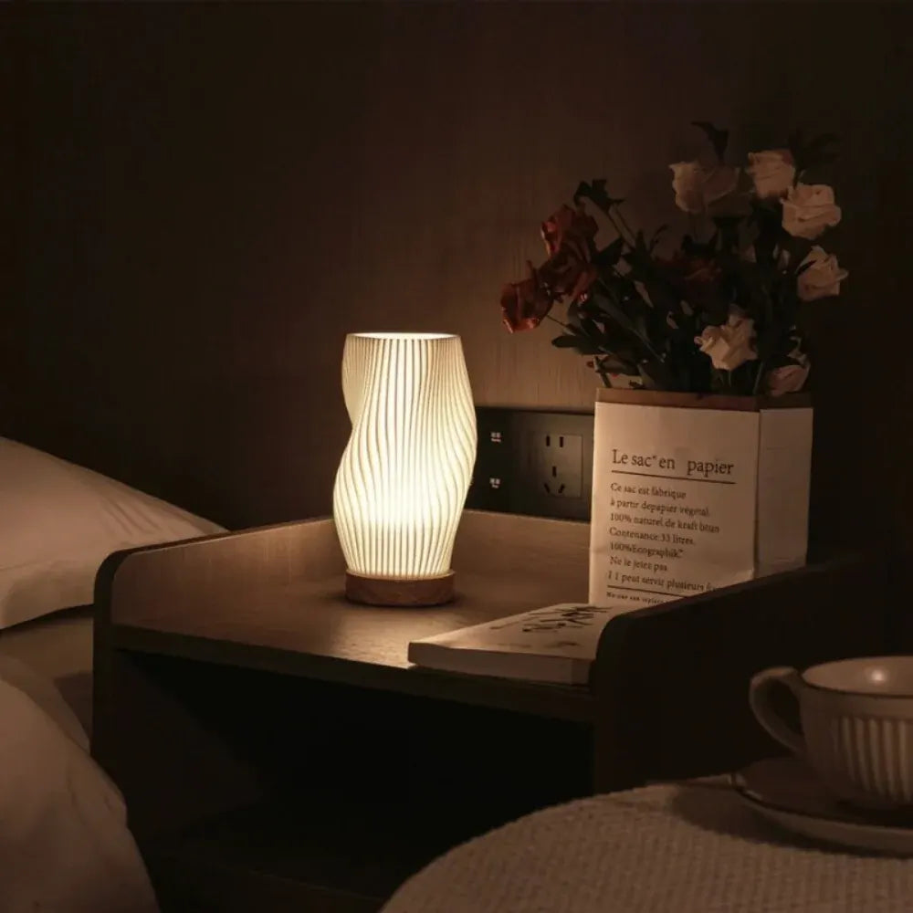 Modern Wave Bedside Lamp with Wood Base, USB Charging, Dimmable LED Light