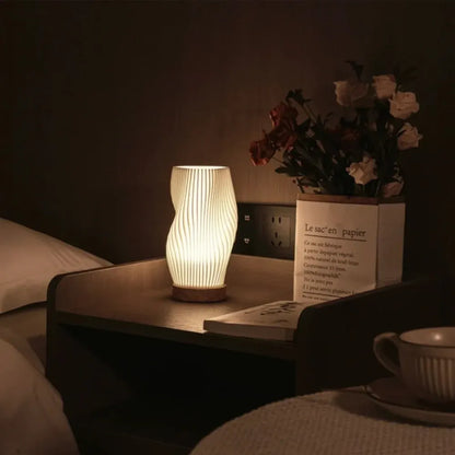 Modern Wave Bedside Lamp with Wood Base, USB Charging, Dimmable LED Light