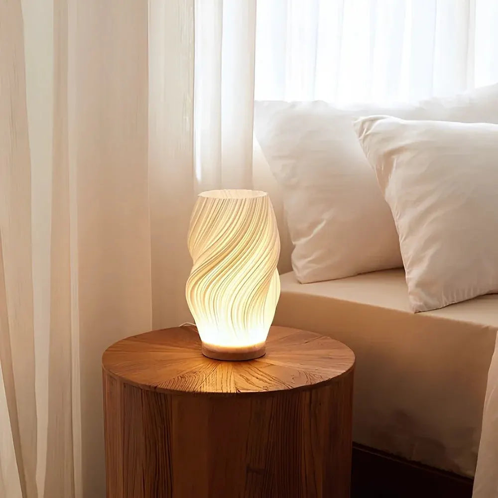 Modern Wave Bedside Lamp with Wood Base, USB Charging, Dimmable LED Light