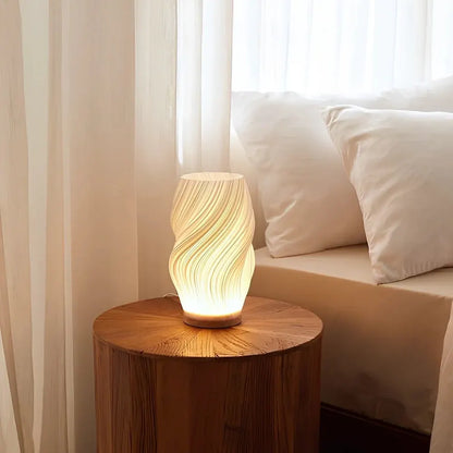 Modern Wave Bedside Lamp with Wood Base, USB Charging, Dimmable LED Light