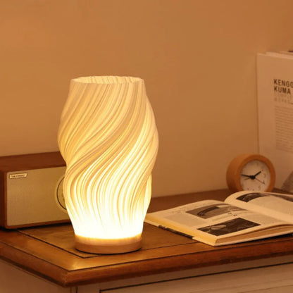 Modern Wave Bedside Lamp with Wood Base, USB Charging, Dimmable LED Light