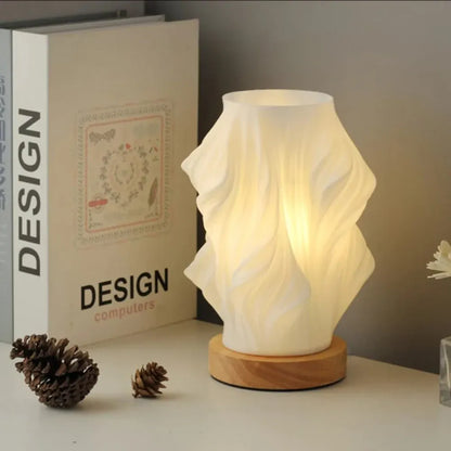 Modern Wave Bedside Lamp with Wood Base, USB Charging, Dimmable LED Light