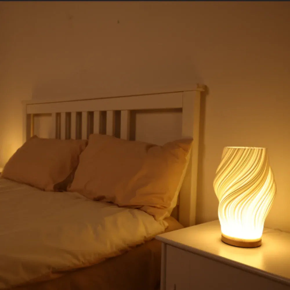 Modern Wave Bedside Lamp with Wood Base, USB Charging, Dimmable LED Light