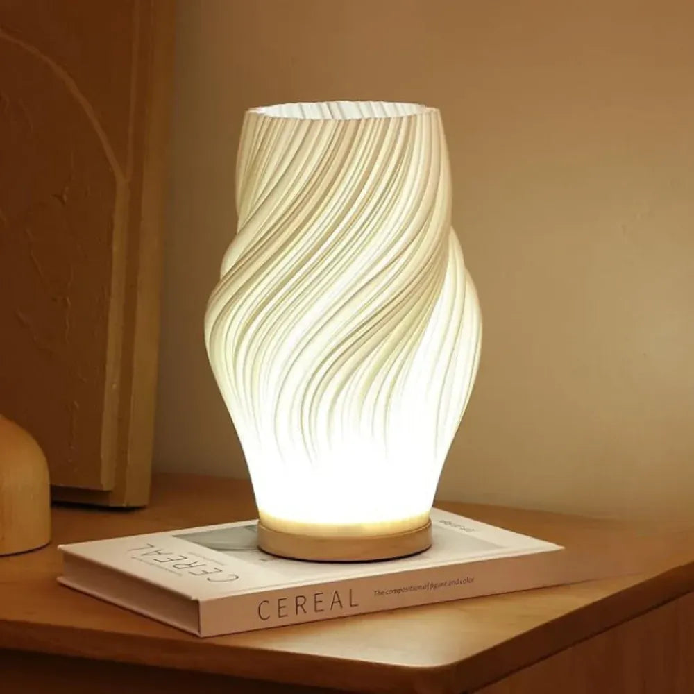 Modern Wave Bedside Lamp with Wood Base, USB Charging, Dimmable LED Light