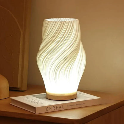 Modern Wave Bedside Lamp with Wood Base, USB Charging, Dimmable LED Light