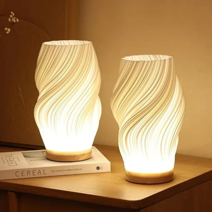 Modern Wave Bedside Lamp with Wood Base, USB Charging, Dimmable LED Light