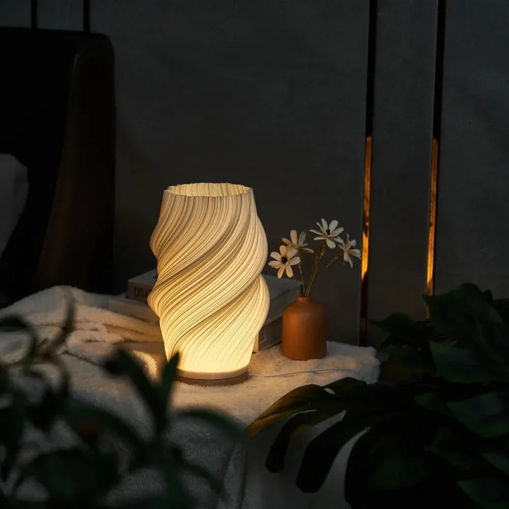 Modern Wave Bedside Lamp with Wood Base, USB Charging, Dimmable LED Light