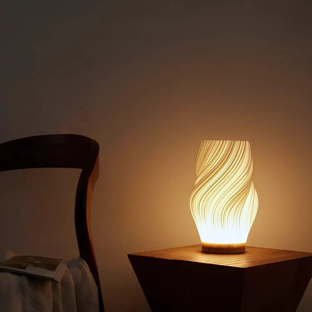 Modern Wave Bedside Lamp with Wood Base, USB Charging, Dimmable LED Light