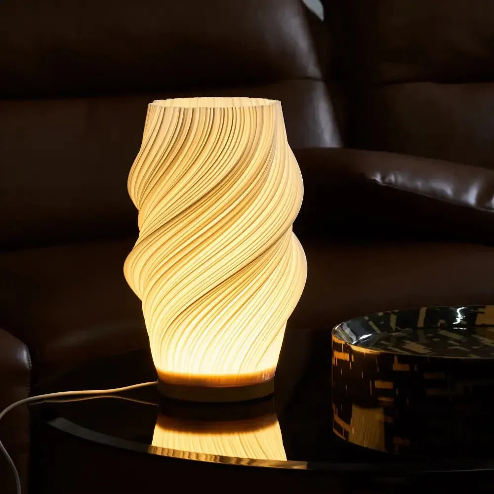 Modern Wave Bedside Lamp with Wood Base, USB Charging, Dimmable LED Light
