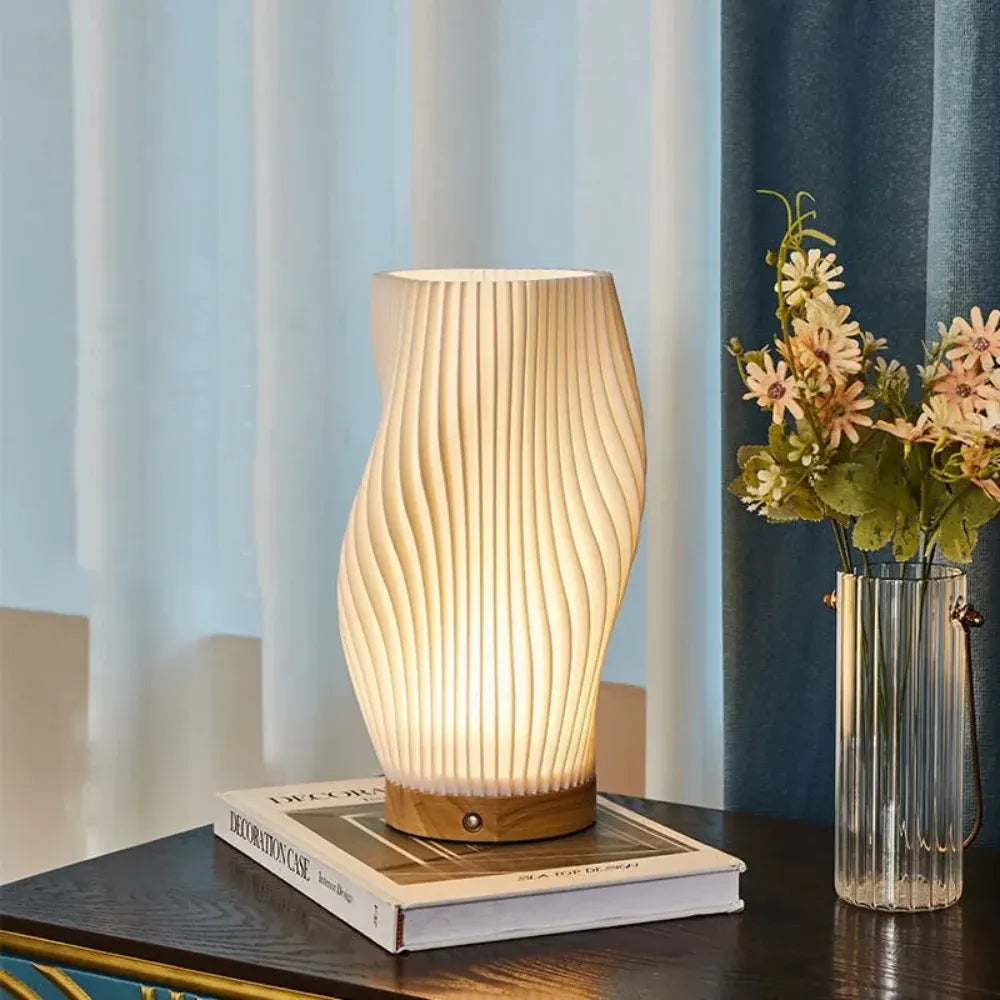 Modern Wave Bedside Lamp with Wood Base, USB Charging, Dimmable LED Light