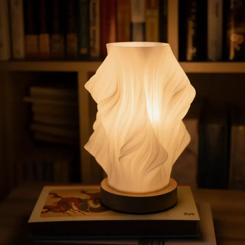 Modern Wave Bedside Lamp with Wood Base, USB Charging, Dimmable LED Light