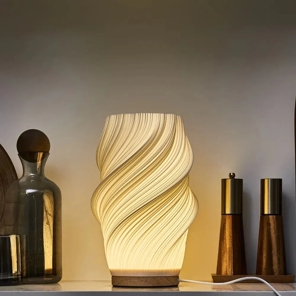 Modern Wave Bedside Lamp with Wood Base, USB Charging, Dimmable LED Light