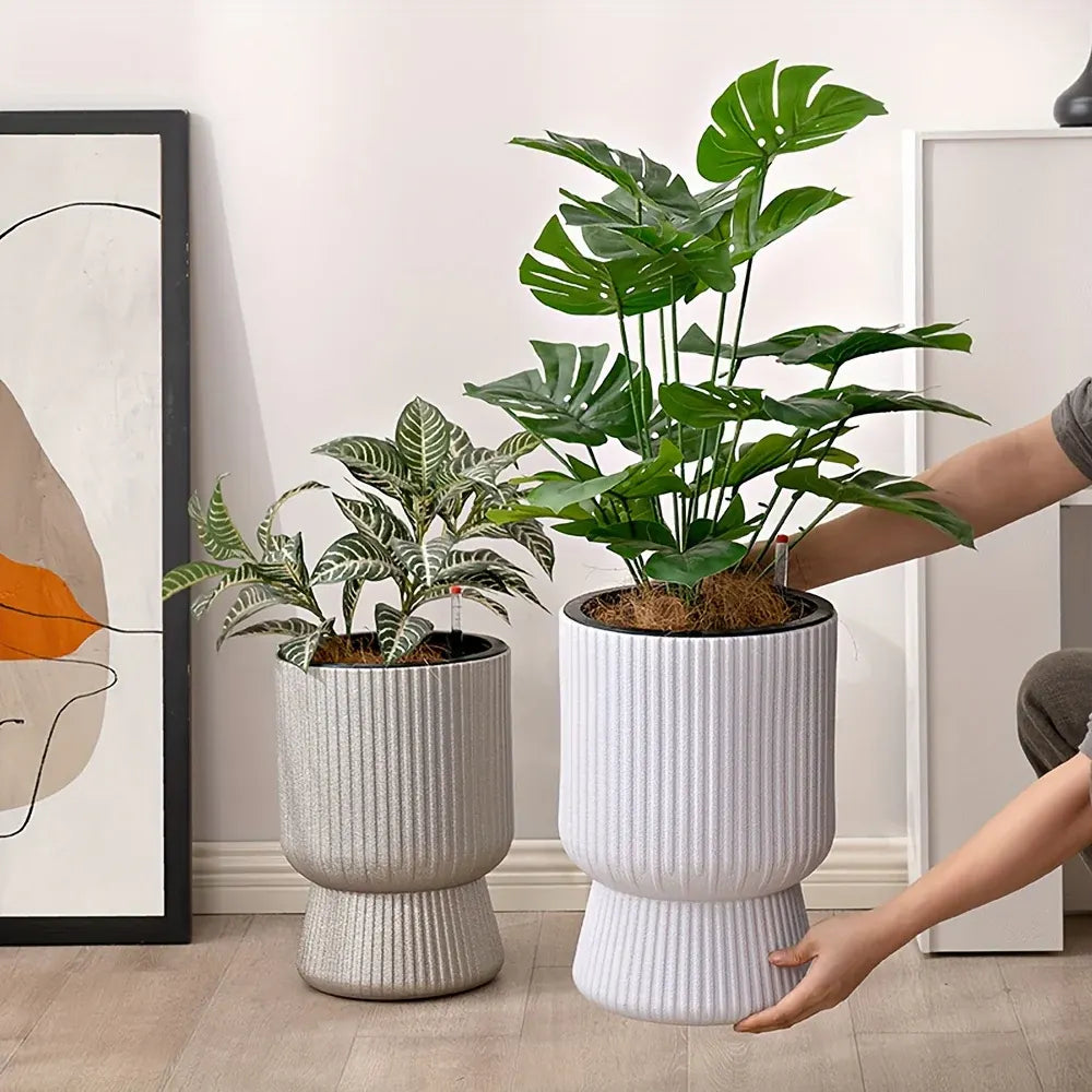 Modern Wine Glass Design Self-Watering Planter with Water Level Indicator - White Flower Pot