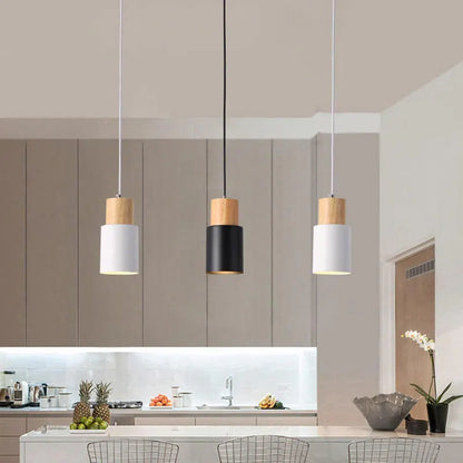 Modern Wood & Metal Cylinder Pendant Light | Nordic Macaron Design