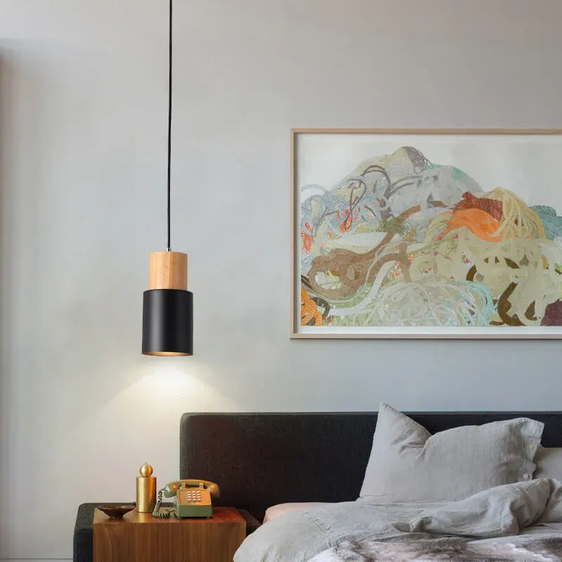 Modern Wood & Metal Cylinder Pendant Light | Nordic Macaron Design